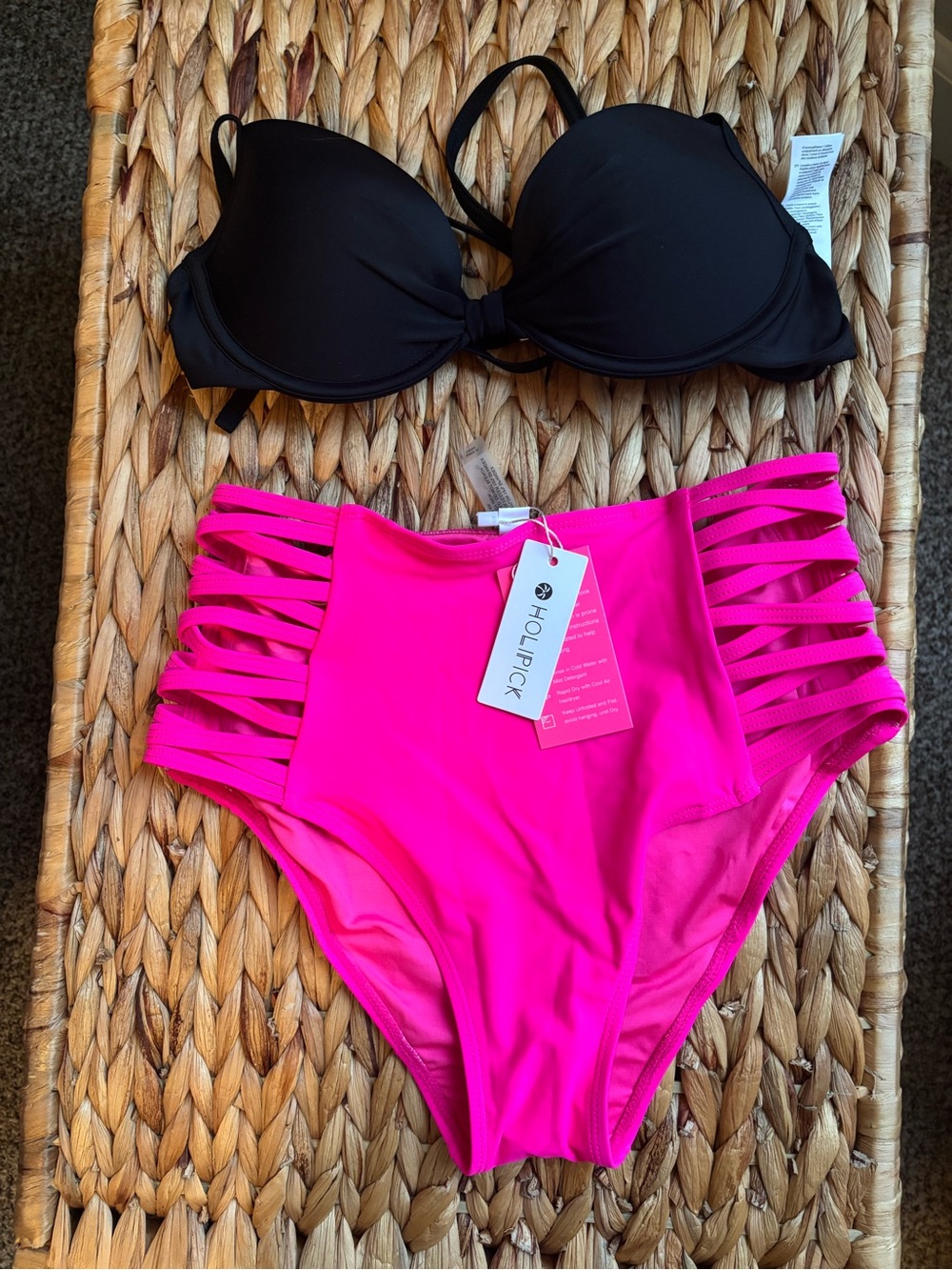 NWT Black Bikini Top with Hot Pink High-Waist Strappy Bottoms